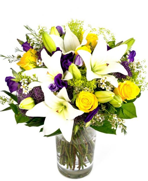 Mothering Sunday Bouquet Purple Cream Yellow, Mothers Day, Mothering Sunday, Bright bouquet, Weekly Flower Delivery – Get Well Soon Flowers