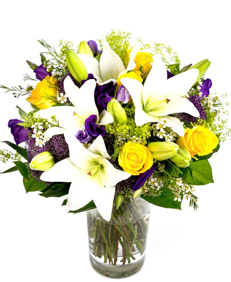 Mothering Sunday Bouquet Purple Cream Yellow, Mothers Day, Mothering Sunday, Bright bouquet, Weekly Flower Delivery – Get Well Soon Flowers