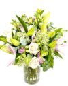 Mothering Sunday Bouquet Pinks Creams, Soft pink Oriental Lilies, Eustoma, cream Vandela Roses, white Trachelium, Eucalyptus, Salall