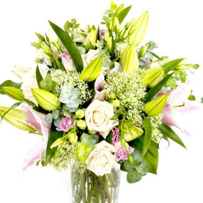 Mothering Sunday Bouquet Pinks Creams, Soft pink Oriental Lilies, Eustoma, cream Vandela Roses, white Trachelium, Eucalyptus, Salall