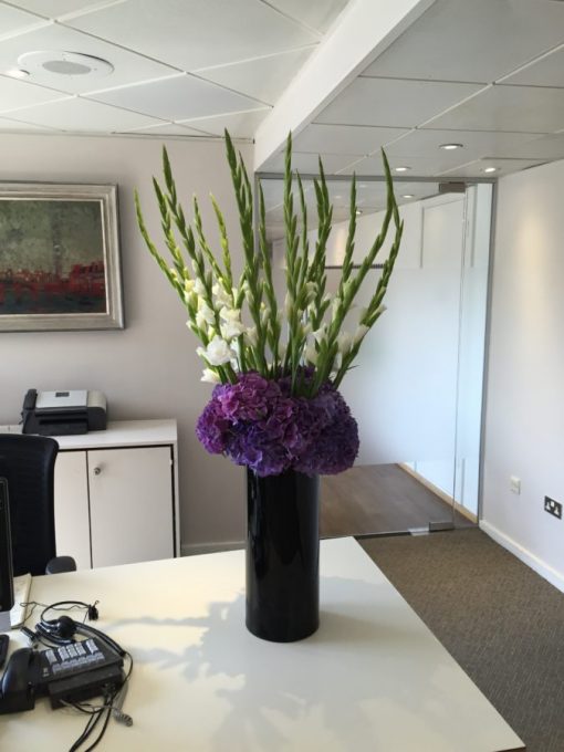 Reception Flowers - Purple Hydrangeas and White Gladioli