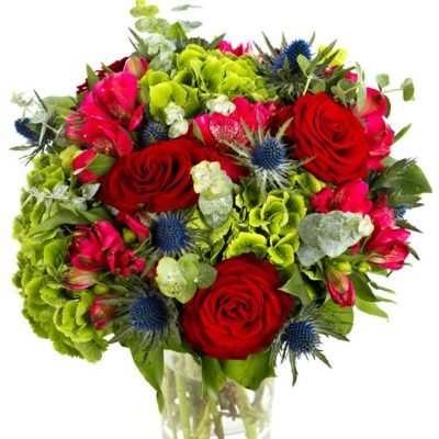 Valentines DAy bouquet, Red Roses, Hydrangea, Valentines Day Flowers Reds Greens Blues